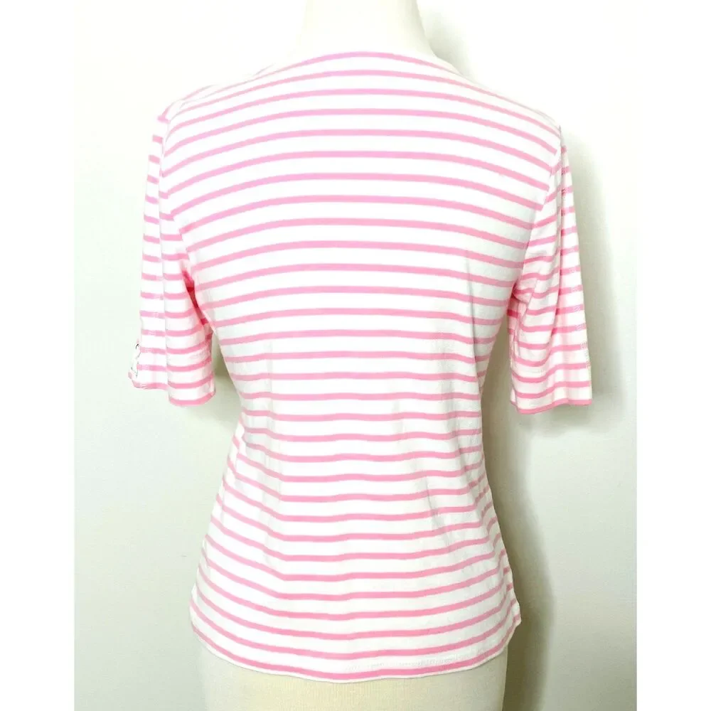 Talbots Pink White Striped Cotton Elbow Sleeve Crewneck Top Shirt Womens Sz SP - Picture 2 of 6